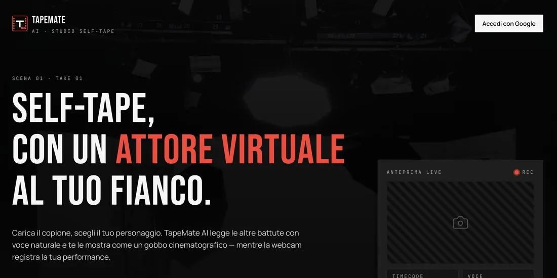 La schermata iniziale di TapeMate, studio self-tape con attore virtuale